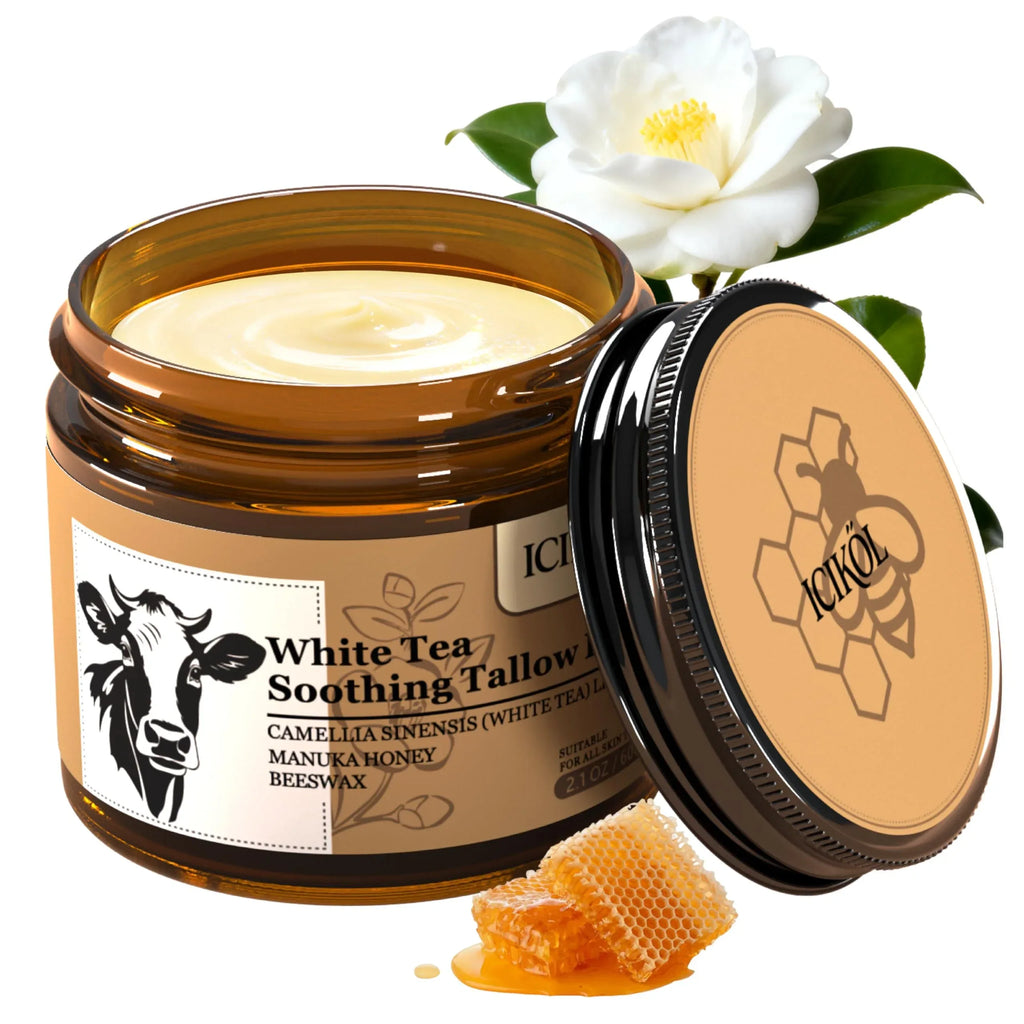 Beef Tallow Honey Balm, Grass-Fed Tallow Moisturizer for Face and Body, Deep Hydration Cream with White Tea Scent, Handmade Natural Skin Nourishment, 2.1 oz - Handmade Lifestyle Shop