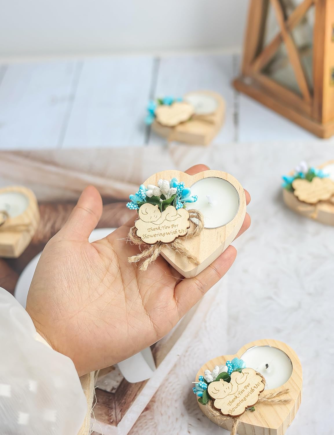 50 Piece Wooden Candle Holders, Baby Shower Party Favors for Boy,Baptism Candle Favors,Baby Christening Favors for Guests. (blue)