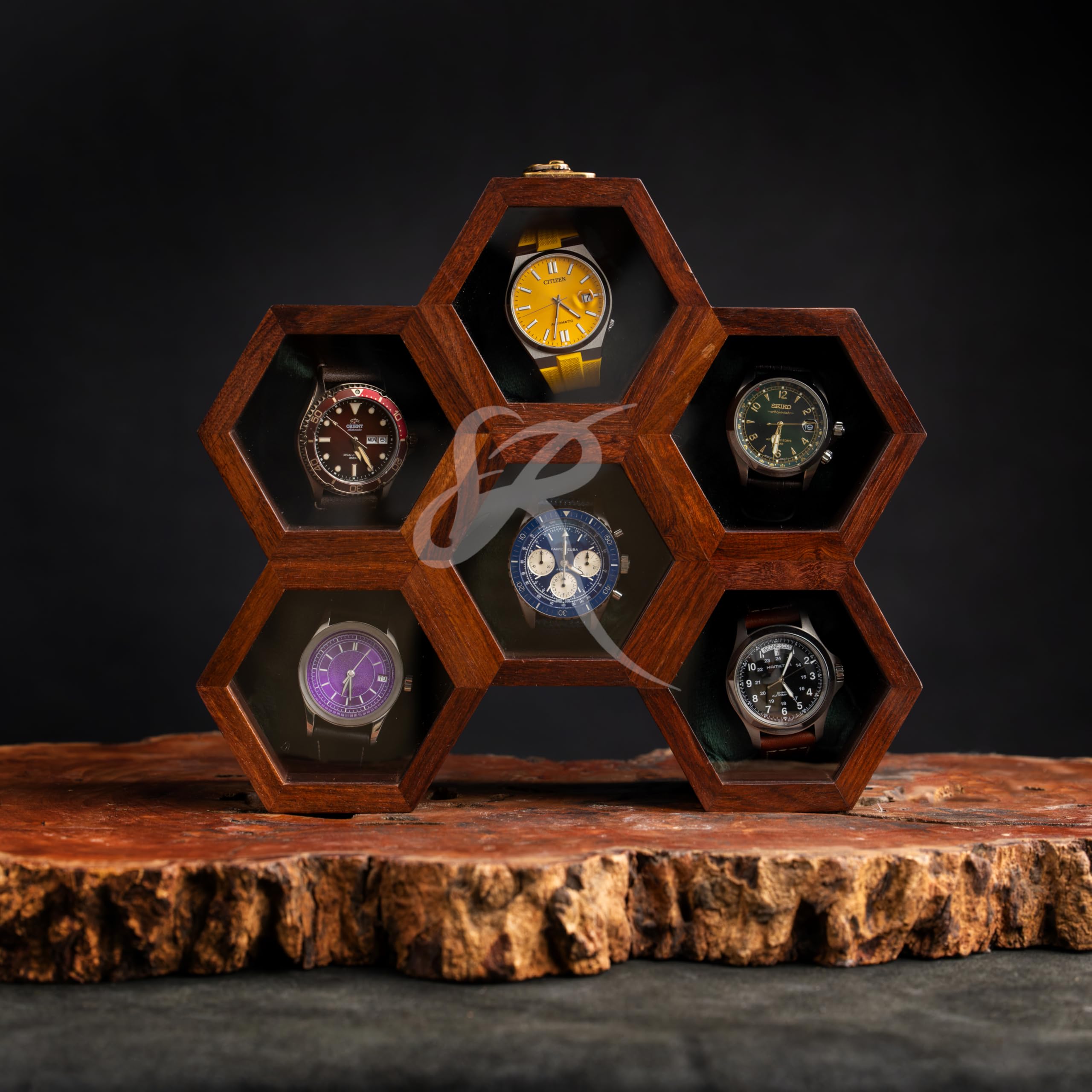 Premium 7-Slot Wooden Timepiece Display Case – Handcrafted Honeycomb Watch Box for Men in Superior Indian Rosewood | Hinged Glass Cover – Father’s Day Gift – Luxury Built to Last