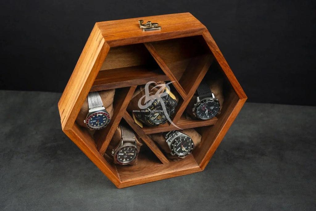 Premium 7-Slot Wooden Timepiece Display Case – Handcrafted Honeycomb Watch Box for Men in Superior Indian Rosewood | Hinged Glass Cover – Father’s Day Gift – Luxury Built to Last - Handmade Lifestyle Shop