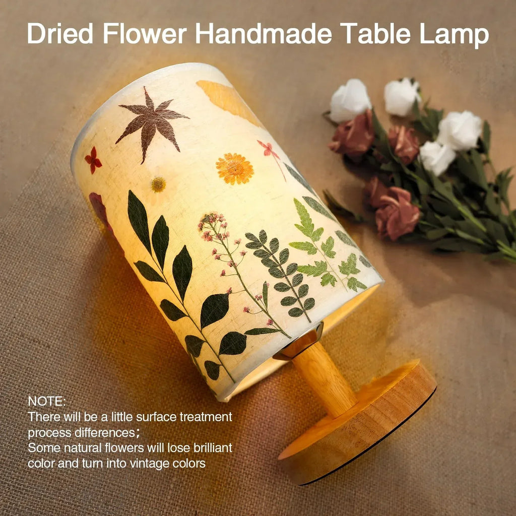 Dried Flowers Small Table Lamp 5W LED 3-Color Bedside Lamp Pressed Flowers Lampshade with Wood Base for Bedroom Living Room Desk Nursery - Handmade Lifestyle Shop