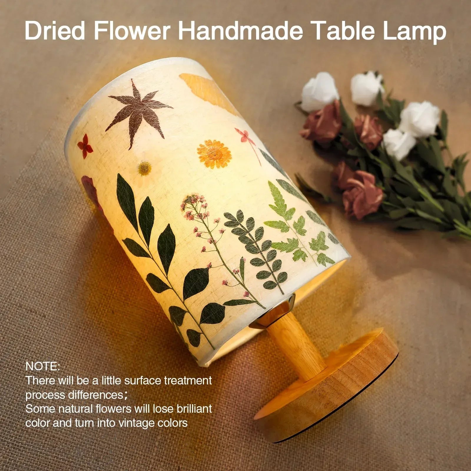 Dried Flowers Small Table Lamp 5W LED 3-Color Bedside Lamp Pressed Flowers Lampshade with Wood Base for Bedroom Living Room Desk Nursery - Handmade Lifestyle Shop