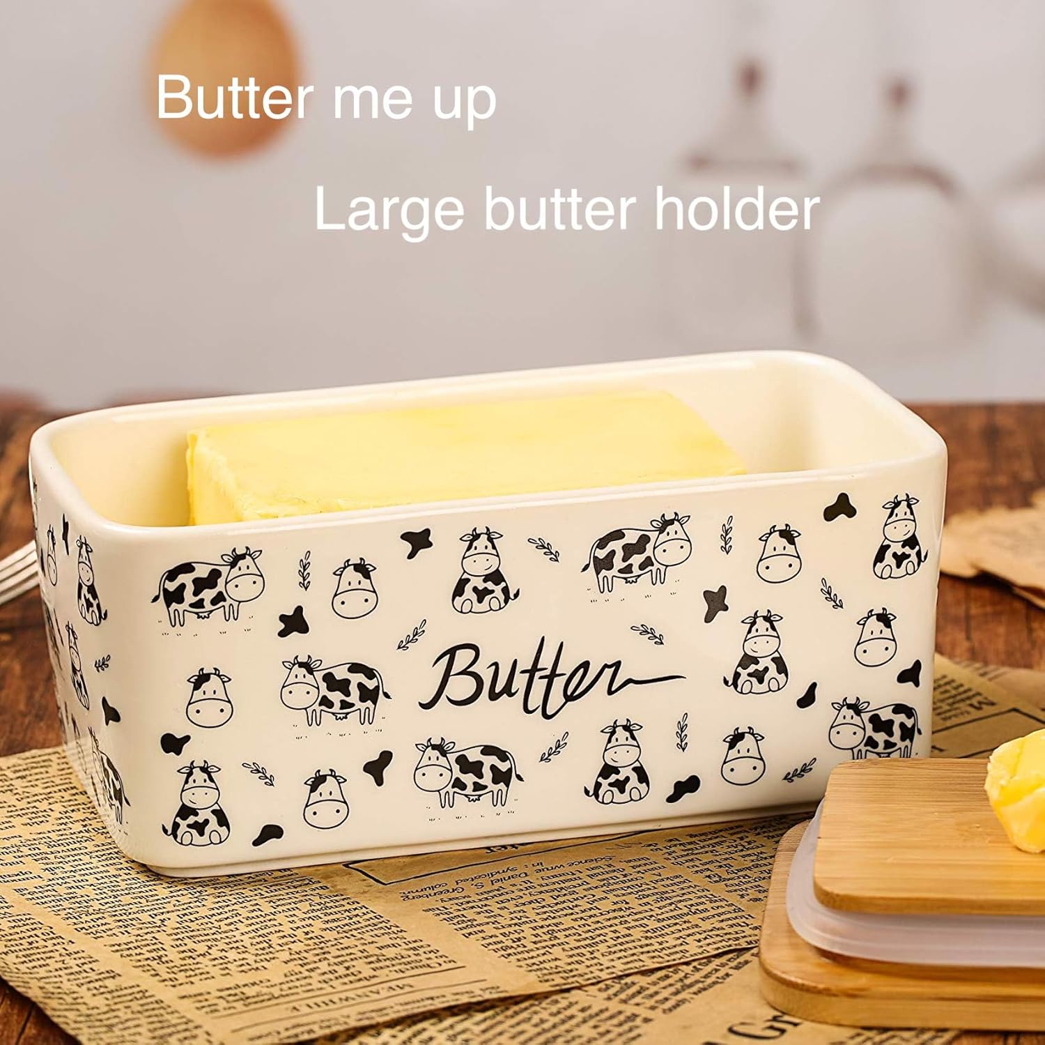 Butter Dish with Lid, Butter Dish with Lid for Countertop, White Butter Keeper Holds Up to 2 Sticks - Butter Holder and Container (Black butter me up, Large)