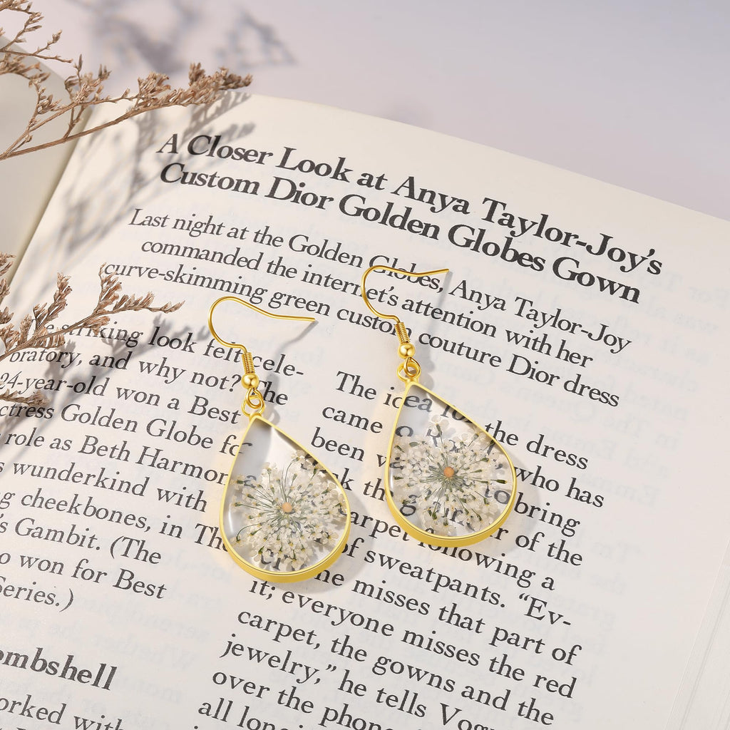 Forget-Me-Not and Queen Anne's Lace Pressed Wildflower Earrings | Pressed Flower Earrings | Handmade Drop and Dangle Earrings | Gift for Woman