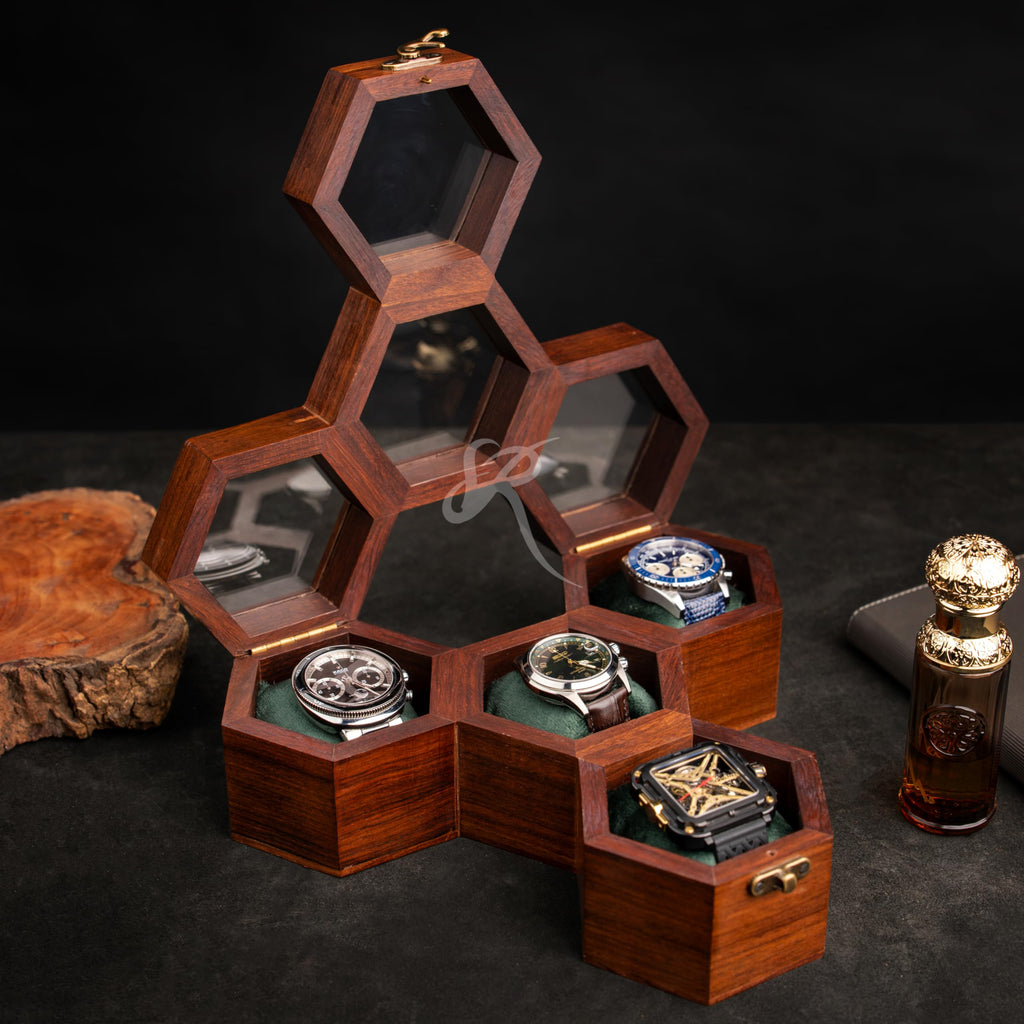 Premium 7-Slot Wooden Timepiece Display Case – Handcrafted Honeycomb Watch Box for Men in Superior Indian Rosewood | Hinged Glass Cover – Father’s Day Gift – Luxury Built to Last