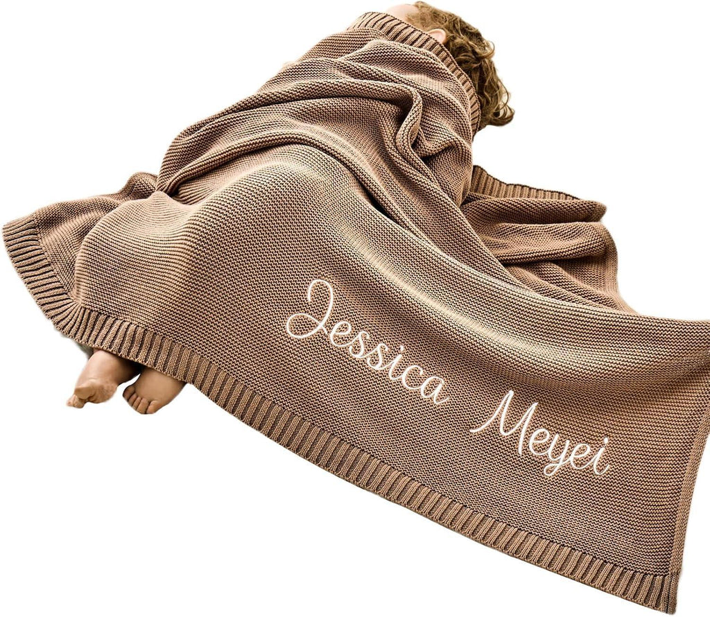 Free Personalized Custom Knit Baby Blanket w/Embroidered Name, 40 * 30 inch, Handmade Cotton Nursery Blankets, Customized Receiving Newborn for Boy Girls Kids, Birthday Christmas - Handmade Lifestyle Shop