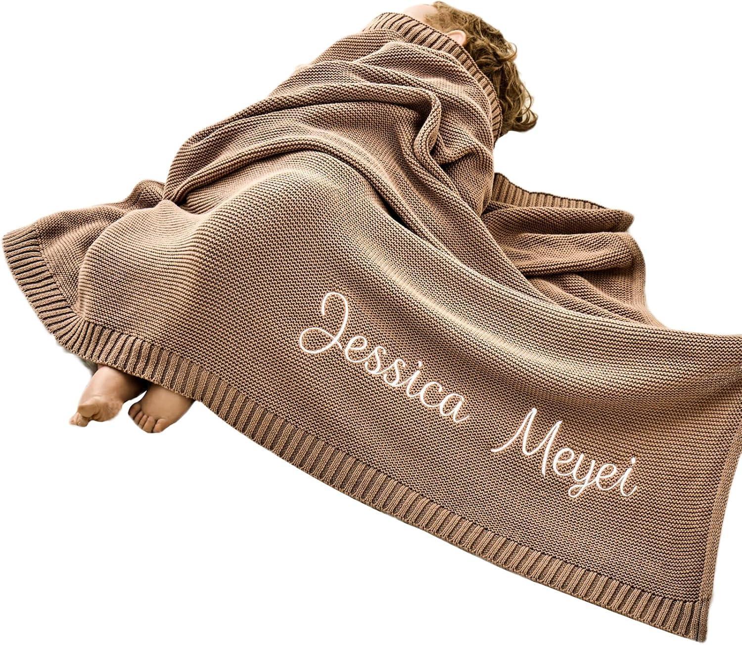 Free Personalized Custom Knit Baby Blanket w/Embroidered Name, 40 * 30 inch, Handmade Cotton Nursery Blankets, Customized Receiving Newborn for Boy Girls Kids, Birthday Christmas - Handmade Lifestyle Shop