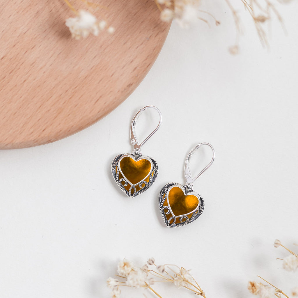 Bottled Up Designs Handmade Homespun Hearts Earrings, Recycled Vintage Glass, Sterling Silver, Eco Friendly, Made in USA, Mothers Day, Women, Anniversary