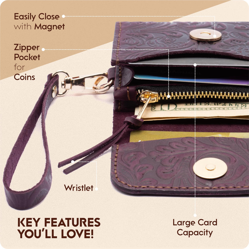 Toros Craft Handmade Wristlet Wallets for Women, Western Floral Leather Small Credit Card Holder with Zipper, Minimalist & Cute Coin Pouch, Genuine Leather, Dark Brown