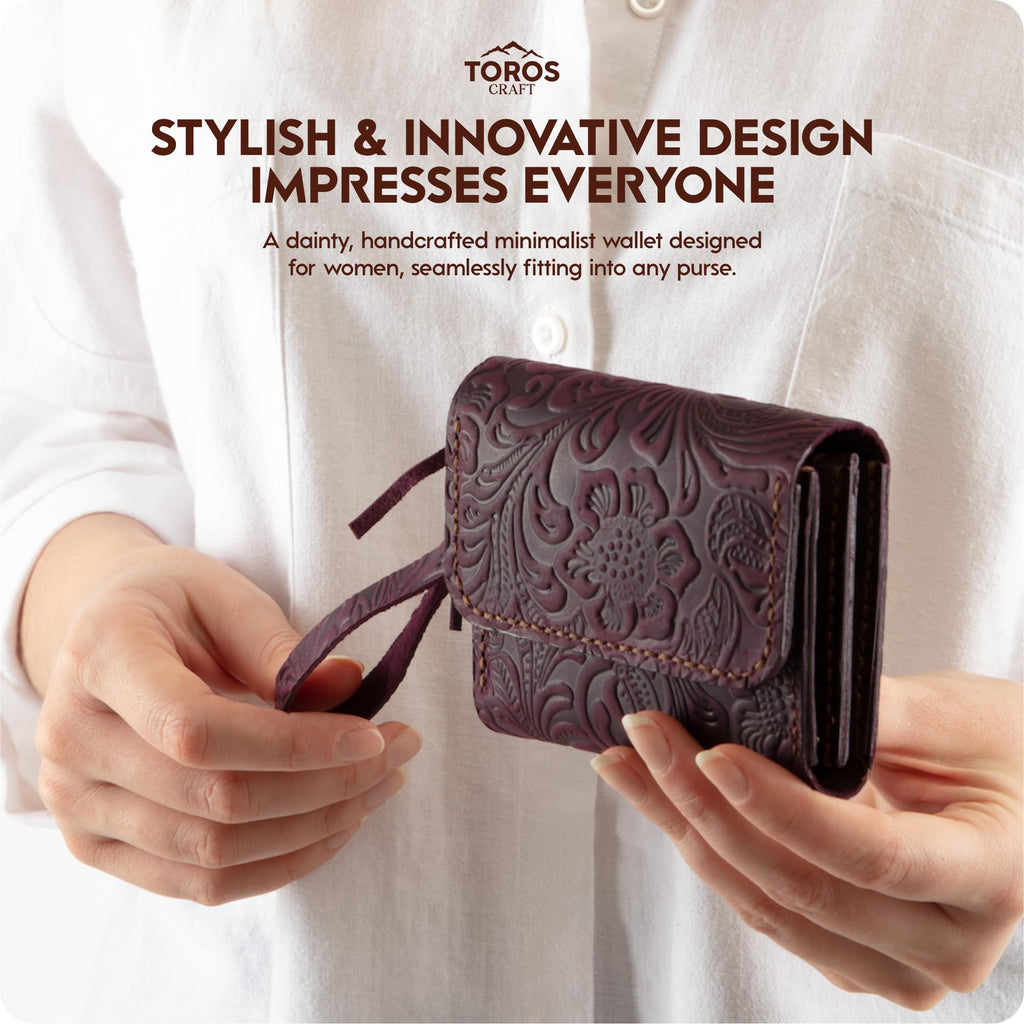Toros Craft Handmade Wristlet Wallets for Women, Western Floral Leather Small Credit Card Holder with Zipper, Minimalist & Cute Coin Pouch, Genuine Leather, Dark Brown