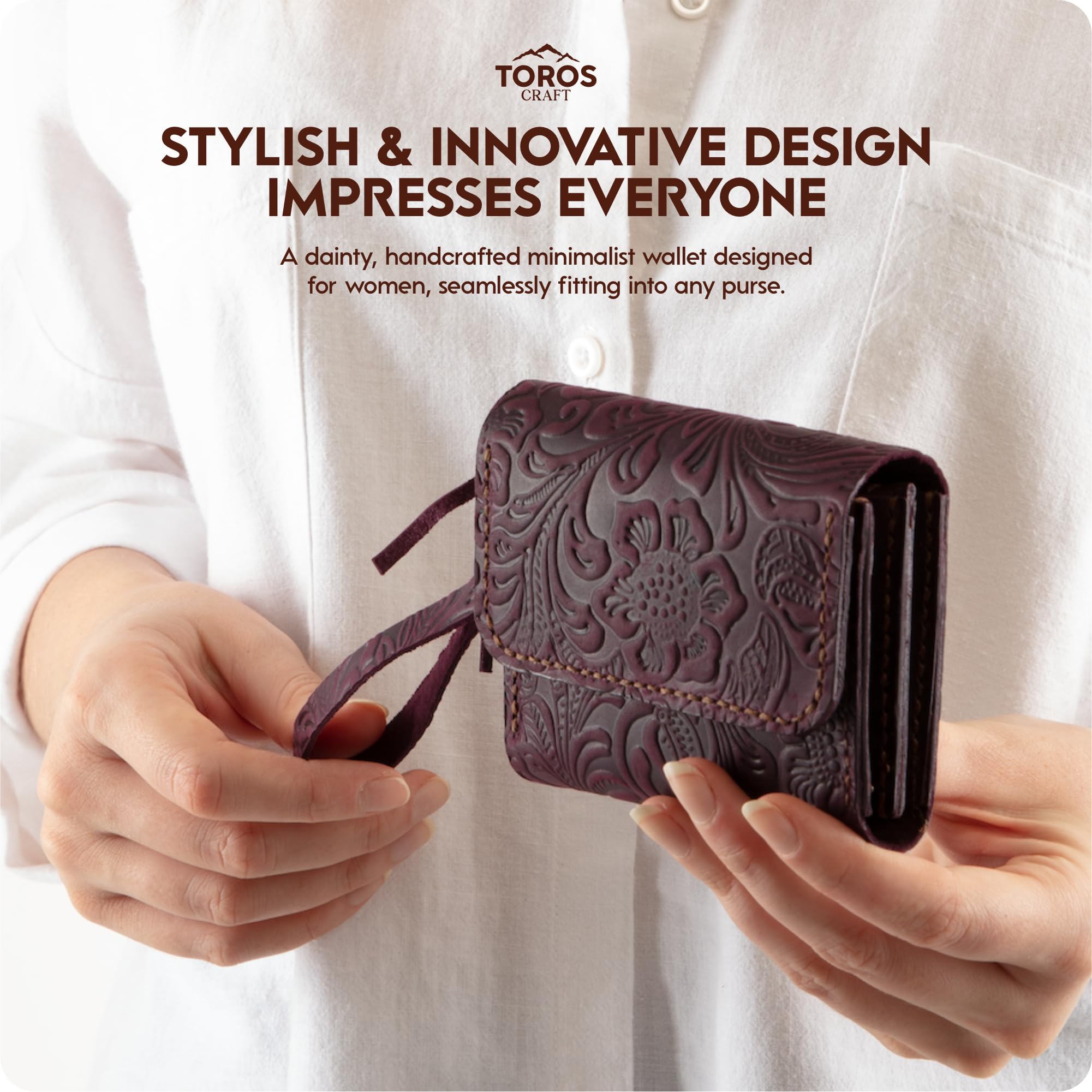 Toros Craft Handmade Wristlet Wallets for Women, Western Floral Leather Small Credit Card Holder with Zipper, Minimalist & Cute Coin Pouch, Genuine Leather, Dark Brown