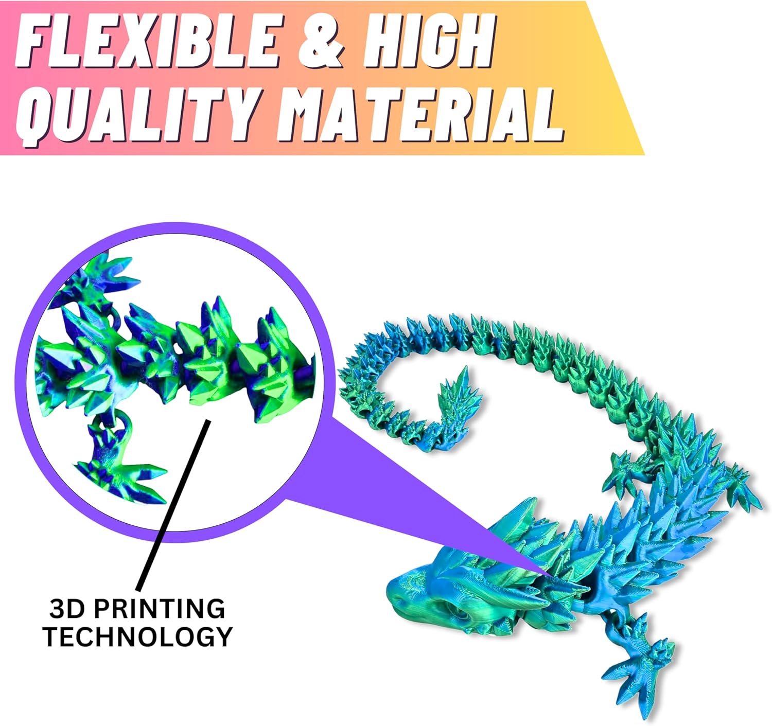 20" Articulated 3D Printed Dragon – Color-Changing Fidget Figurine, Mythical Figure, Made in USA, 3D Printed Toys - Valentines Day Gift for Boys and Girls (Rainbow with Blue Egg)
