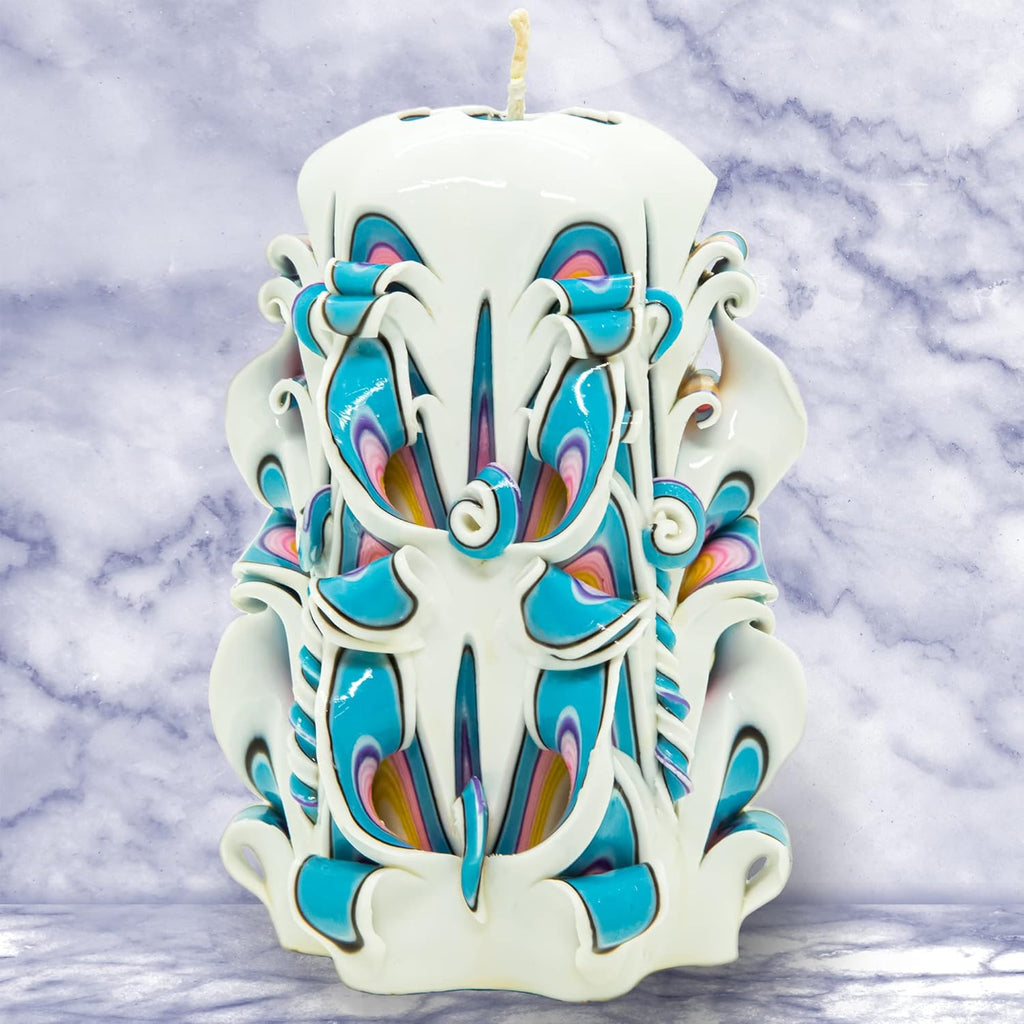 Handmade Carved Candle - Surprise Gift For Her - Decor Birthday Halloween Thanksgiving Christmas - Spiritual Living Room Home Decor Candles - Unique Engagement Wedding Idea - White Blue - Ordagio