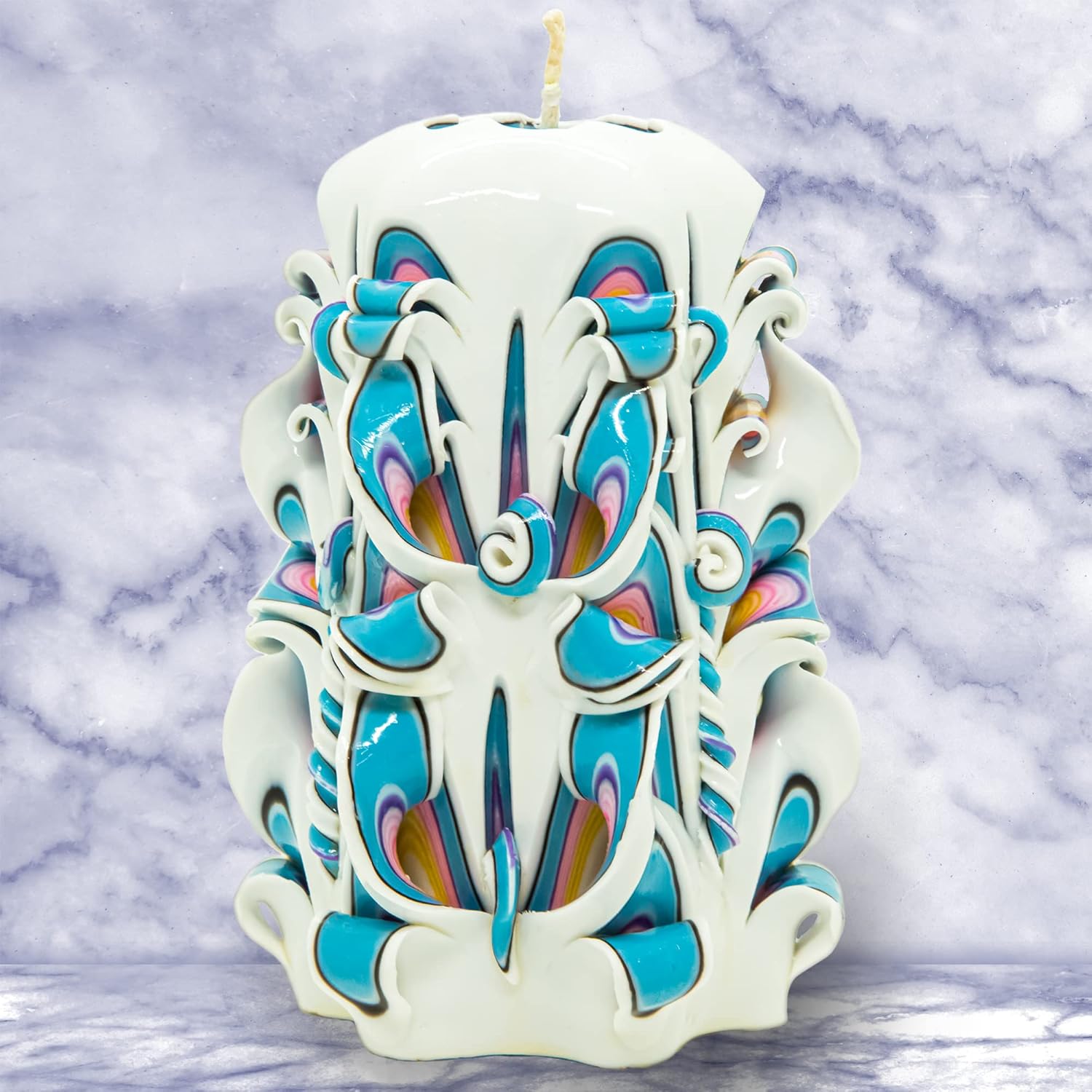 Handmade Carved Candle - Surprise Gift For Her - Decor Birthday Halloween Thanksgiving Christmas - Spiritual Living Room Home Decor Candles - Unique Engagement Wedding Idea - White Blue - Ordagio