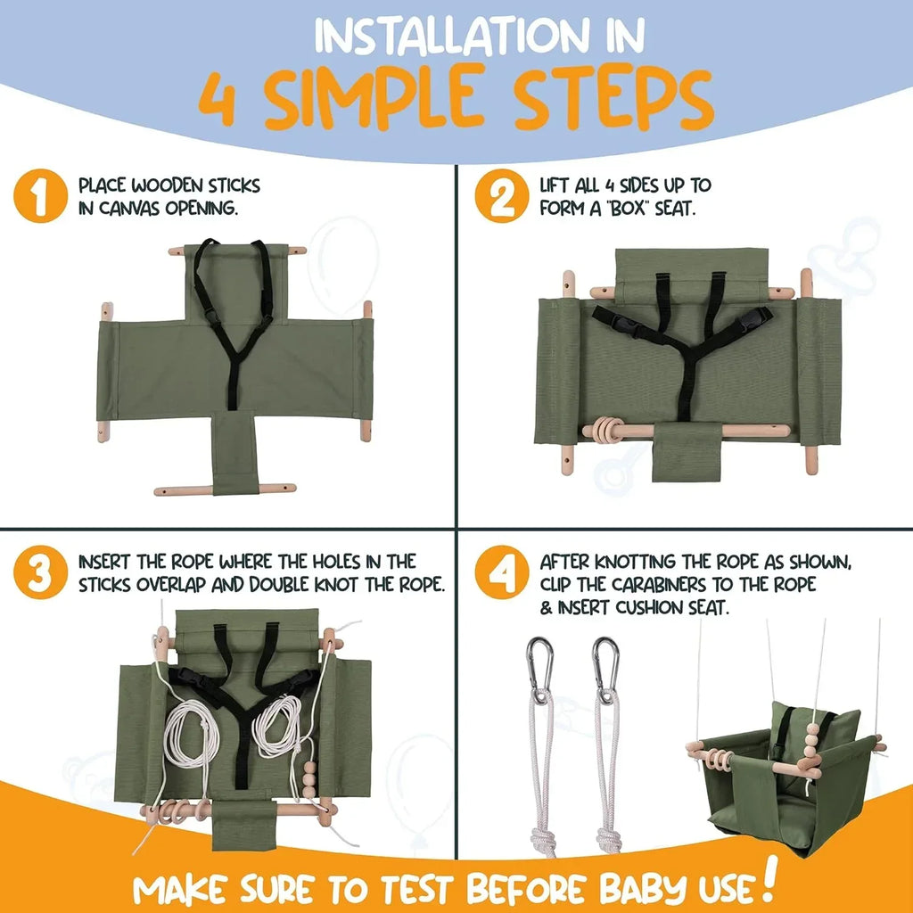 Indoor Outdoor Baby Swing with 3-Point Harness and Hardware for Ceiling, Porch, Doorway, Canvas Baby Swing Outdoor Toddler Swing Seat Green - Handmade Lifestyle Shop