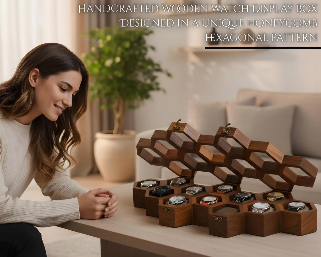 Premium 7-Slot Wooden Timepiece Display Case – Handcrafted Honeycomb Watch Box for Men in Superior Indian Rosewood | Hinged Glass Cover – Father’s Day Gift – Luxury Built to Last - Handmade Lifestyle Shop