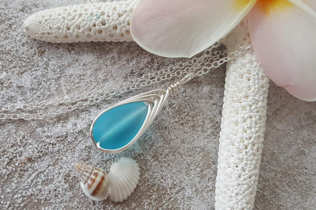 Yinahawaii Handmade Sea Glass Necklace, Hawaiian Jewelry For Women, Braided Teardrop Necklace, Unique Sea Glass Jewelry For Women Birthday Gift