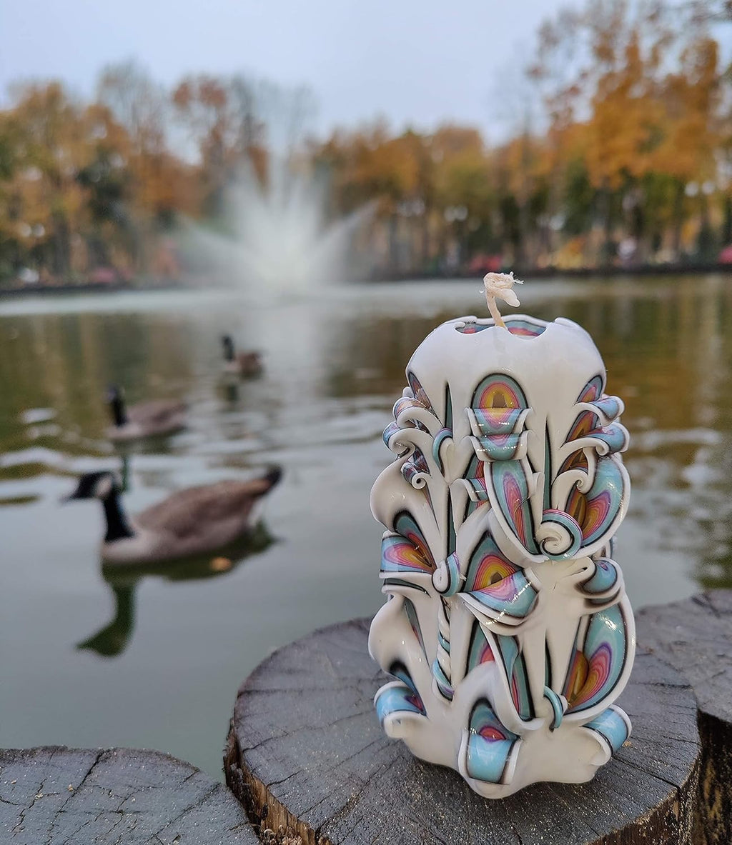 Handmade Carved Candle - Surprise Gift For Her - Decor Birthday Halloween Thanksgiving Christmas - Spiritual Living Room Home Decor Candles - Unique Engagement Wedding Idea - White Blue - Ordagio