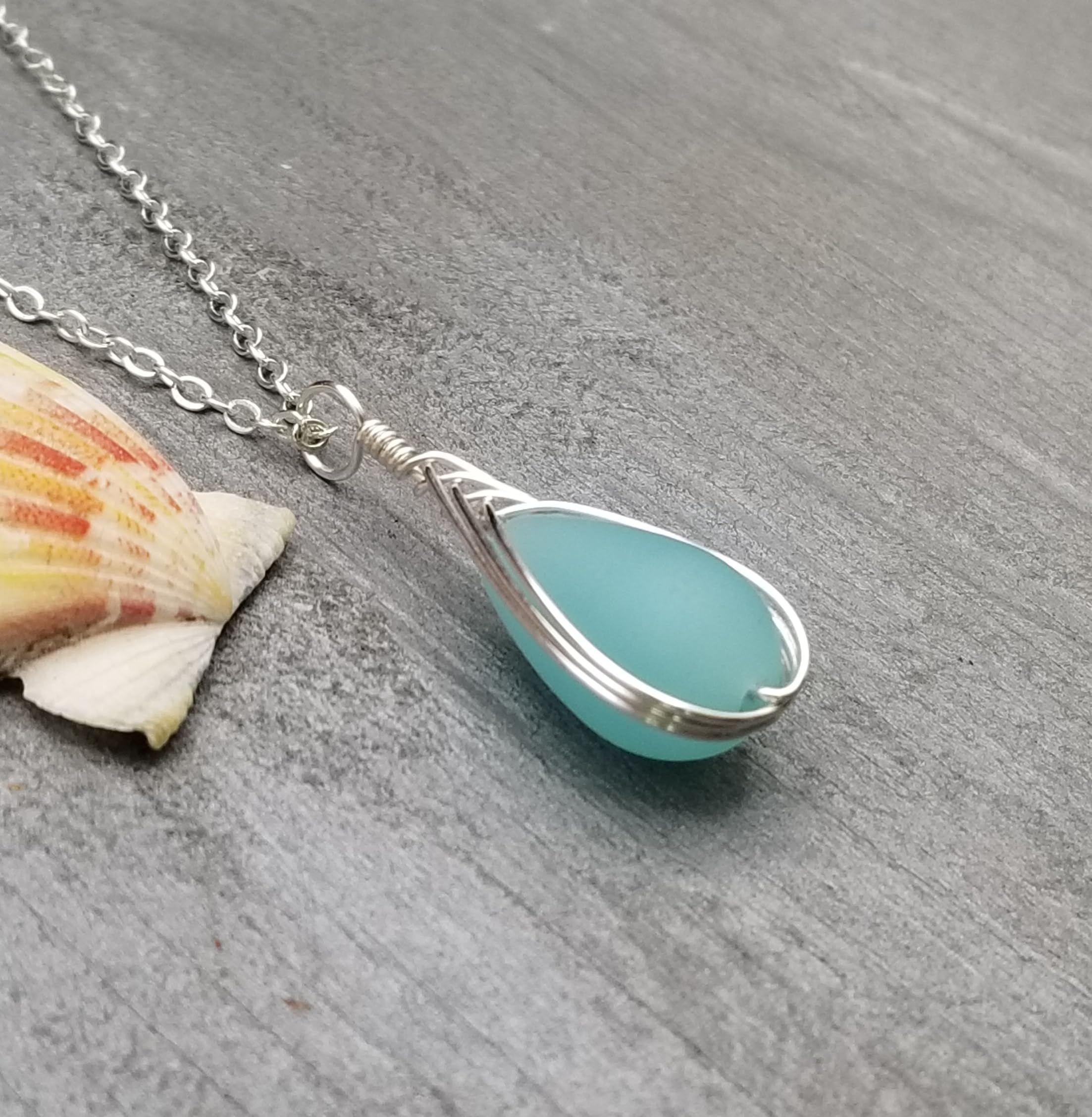 Yinahawaii Handmade Sea Glass Necklace, Hawaiian Jewelry For Women, Braided Teardrop Necklace, Unique Sea Glass Jewelry For Women Birthday Gift
