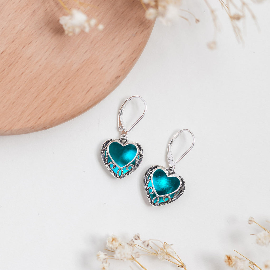 Bottled Up Designs Handmade Homespun Hearts Earrings, Recycled Vintage Glass, Sterling Silver, Eco Friendly, Made in USA, Mothers Day, Women, Anniversary