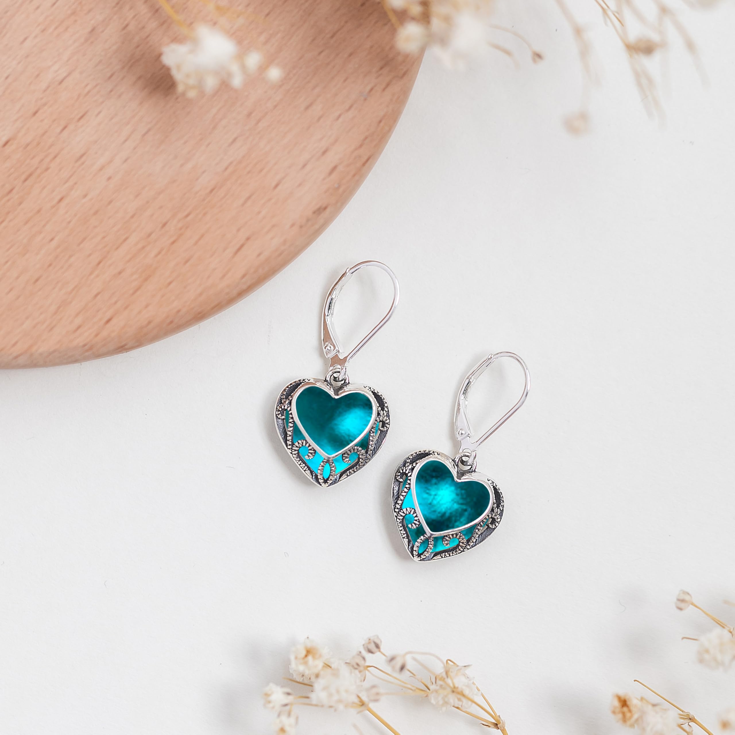 Bottled Up Designs Handmade Homespun Hearts Earrings, Recycled Vintage Glass, Sterling Silver, Eco Friendly, Made in USA, Mothers Day, Women, Anniversary