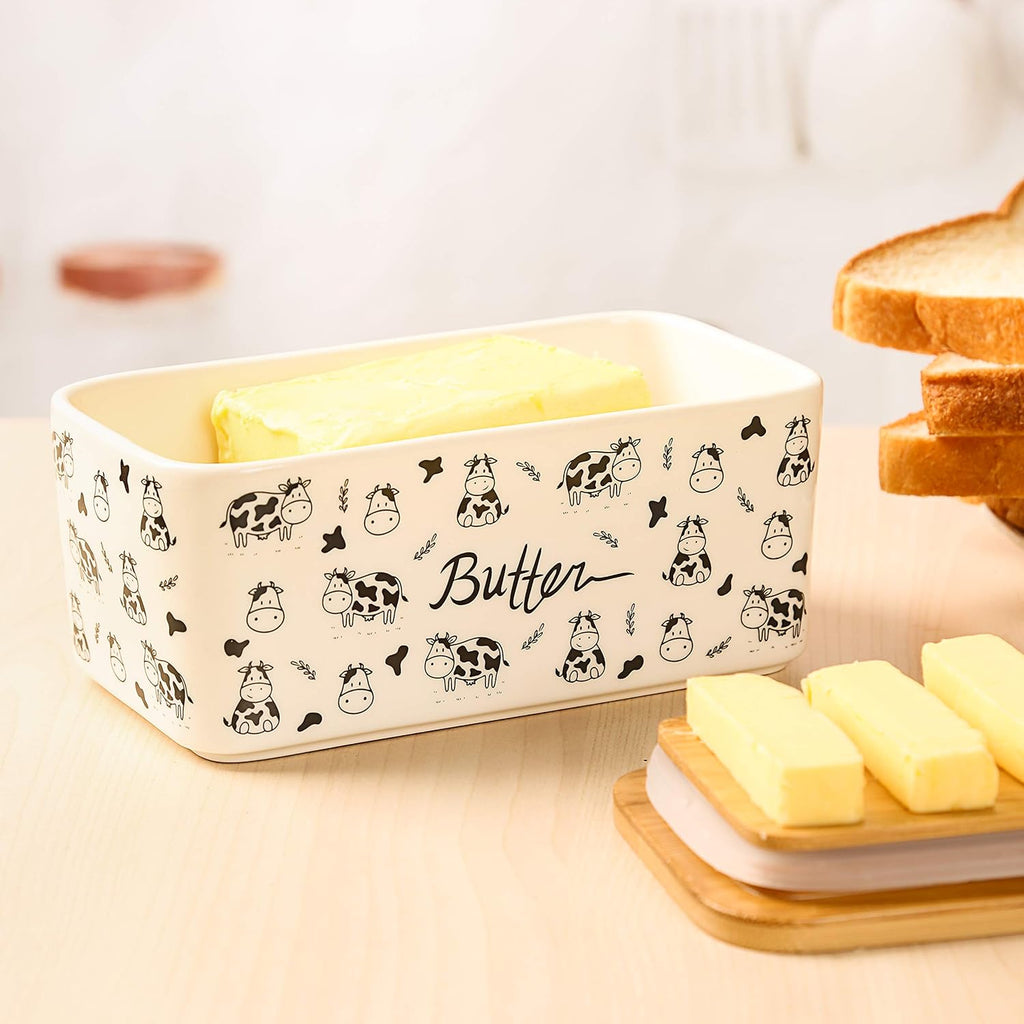 Butter Dish with Lid, Butter Dish with Lid for Countertop, White Butter Keeper Holds Up to 2 Sticks - Butter Holder and Container (Black butter me up, Large)