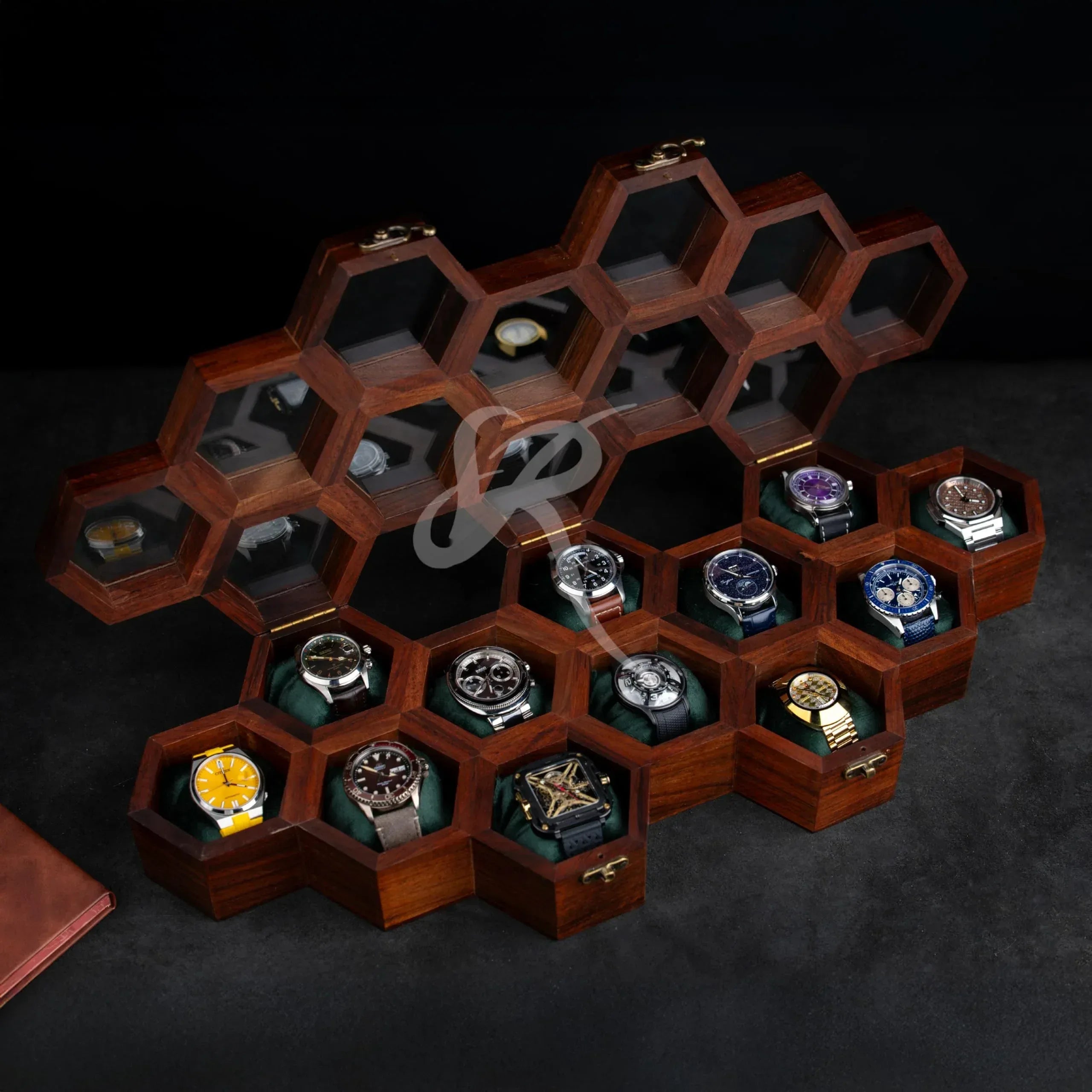Premium 7-Slot Wooden Timepiece Display Case – Handcrafted Honeycomb Watch Box for Men in Superior Indian Rosewood | Hinged Glass Cover – Father’s Day Gift – Luxury Built to Last - Handmade Lifestyle Shop