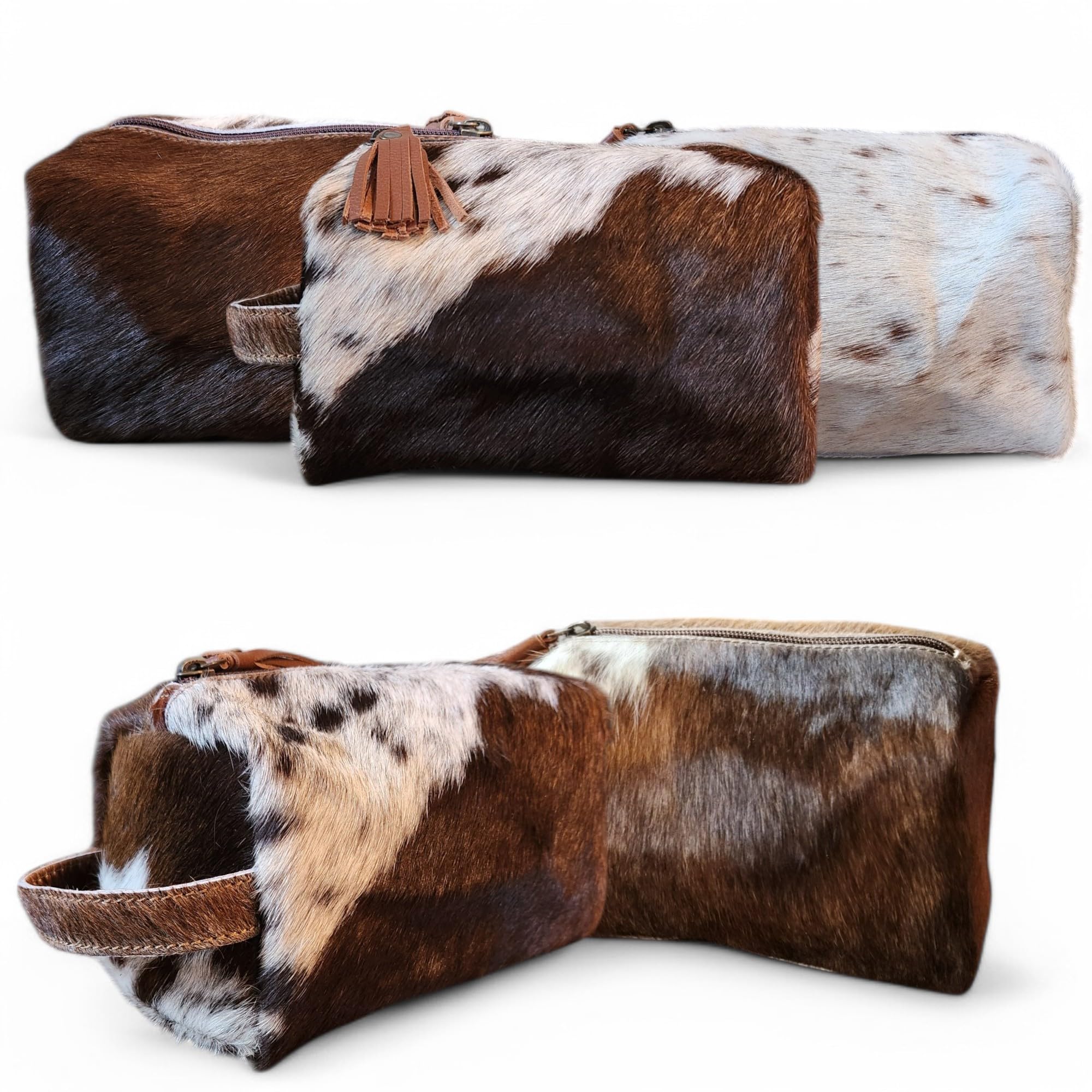 Ranch Junkie Mercantile Genuine Cowhide Handcrafted Cosmetic Pouch Highlands Cowhide Makeup Bag (Caramel Cowhide Mix)