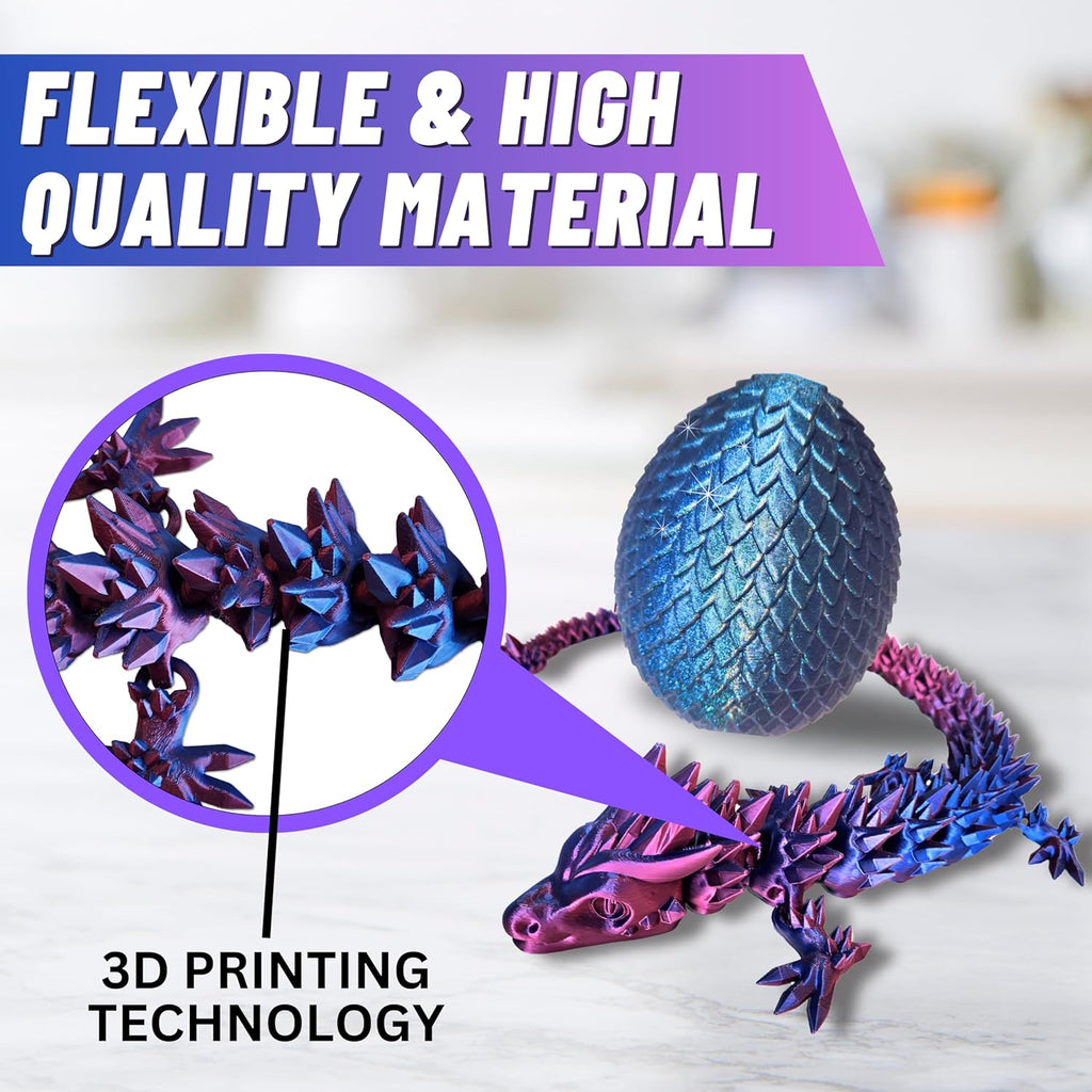20" Articulated 3D Printed Dragon – Color-Changing Fidget Figurine, Mythical Figure, Made in USA, 3D Printed Toys - Valentines Day Gift for Boys and Girls (Rainbow with Blue Egg)