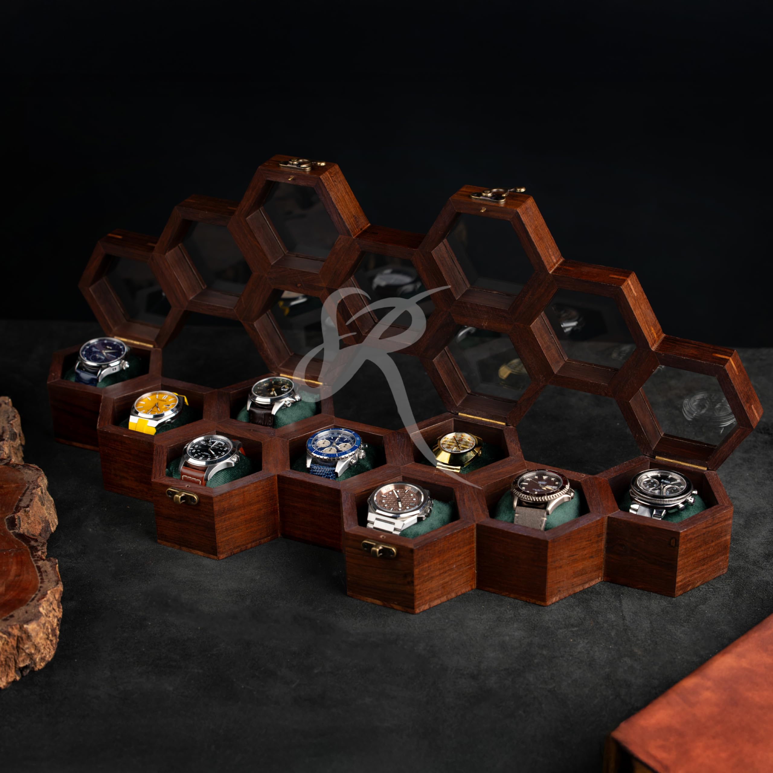Premium 7-Slot Wooden Timepiece Display Case – Handcrafted Honeycomb Watch Box for Men in Superior Indian Rosewood | Hinged Glass Cover – Father’s Day Gift – Luxury Built to Last