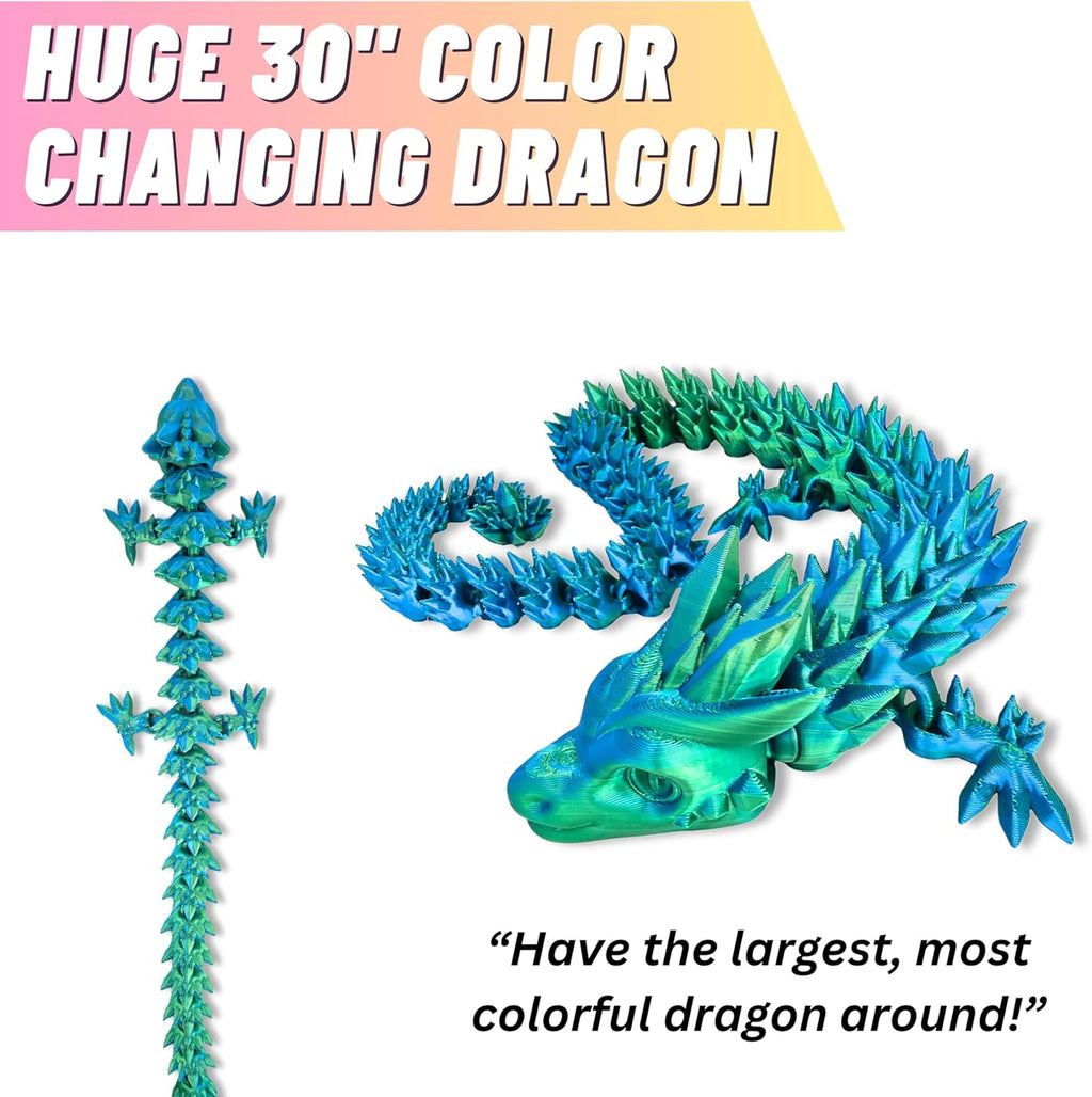 20" Articulated 3D Printed Dragon – Color-Changing Fidget Figurine, Mythical Figure, Made in USA, 3D Printed Toys - Valentines Day Gift for Boys and Girls (Rainbow with Blue Egg)