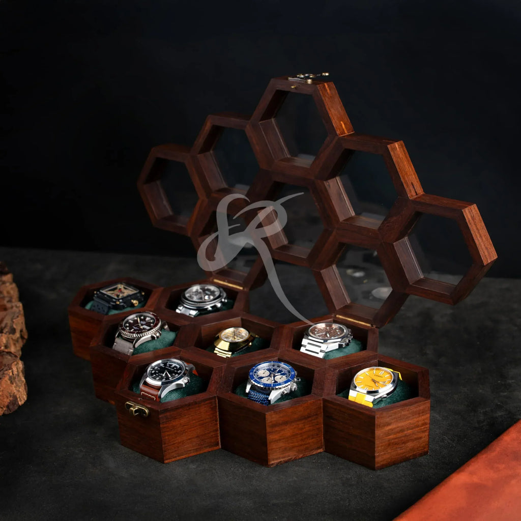Premium 7-Slot Wooden Timepiece Display Case – Handcrafted Honeycomb Watch Box for Men in Superior Indian Rosewood | Hinged Glass Cover – Father’s Day Gift – Luxury Built to Last - Handmade Lifestyle Shop