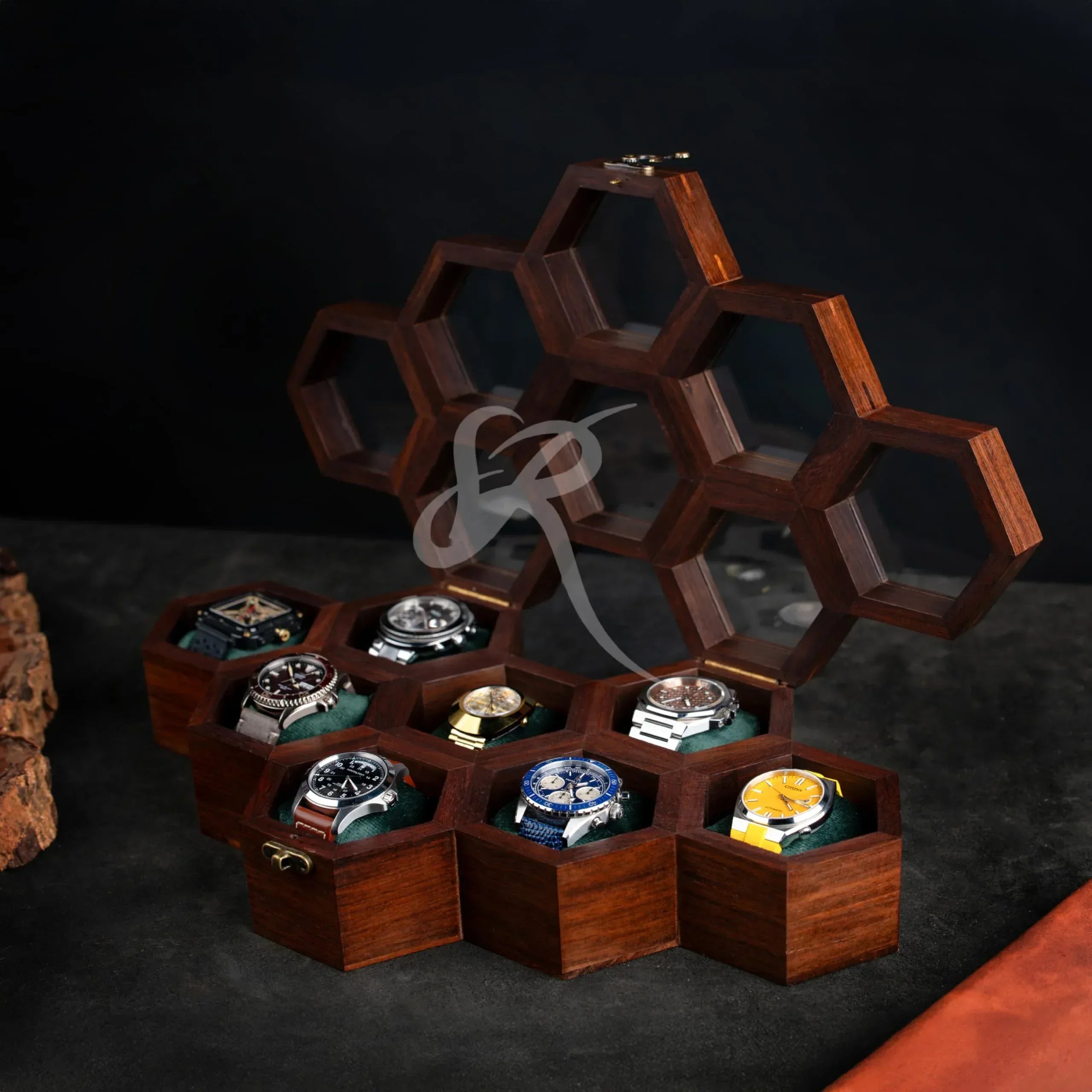 Premium 7-Slot Wooden Timepiece Display Case – Handcrafted Honeycomb Watch Box for Men in Superior Indian Rosewood | Hinged Glass Cover – Father’s Day Gift – Luxury Built to Last - Handmade Lifestyle Shop