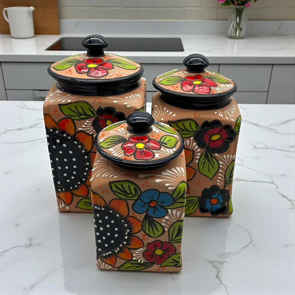 Mexican Talavera Canister Trio | Hand-Painted Terracotta Set - Handmade Lifestyle Shop