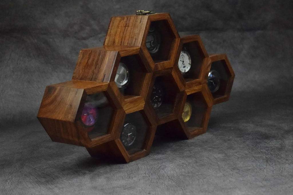 Premium 7-Slot Wooden Timepiece Display Case – Handcrafted Honeycomb Watch Box for Men in Superior Indian Rosewood | Hinged Glass Cover – Father’s Day Gift – Luxury Built to Last - Handmade Lifestyle Shop