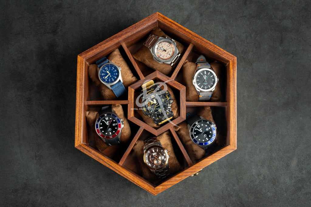 Premium 7-Slot Wooden Timepiece Display Case – Handcrafted Honeycomb Watch Box for Men in Superior Indian Rosewood | Hinged Glass Cover – Father’s Day Gift – Luxury Built to Last