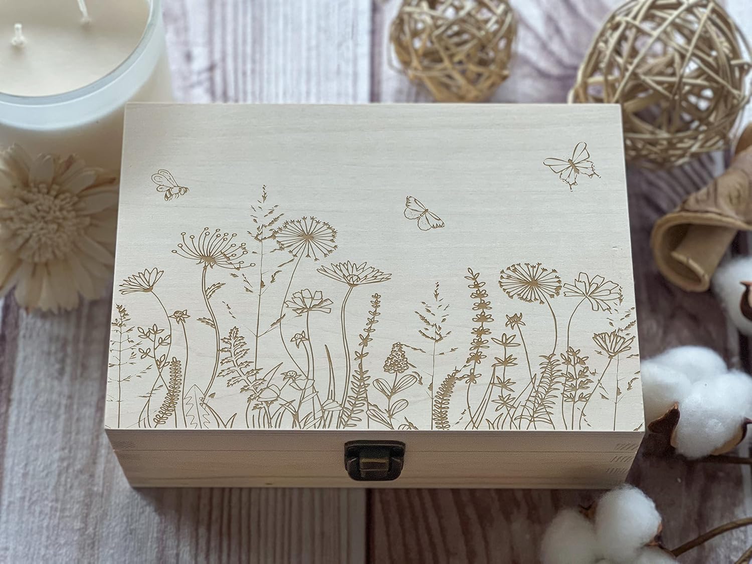 Flowers And Butterflies Wooden Box Love Gift For Women Friend Gift Keepsake Box Memory Box Gift for Anniversary Wedding Box Best Friend 30th Birthday Gift 8.5 in x 6 in x 3 in Natural Color