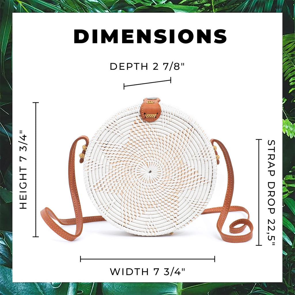 Novum Crafts Round Rattan Bag for Women - Handmade Straw Bags - Wicker Purse - Brown White Circle Crossbody Boho Bags