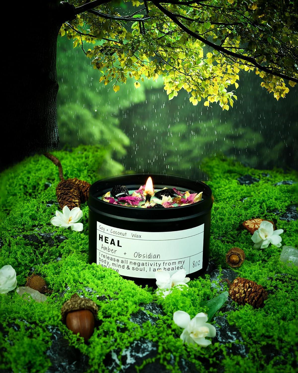 Obsidian Crystal Energy Candle, Good Aura Health Protection, Baltic Amber Chakra Magic Self-Care, Emotional Support, Encouragement and Affirmation Gift.(HEAL) - Handmade Lifestyle Shop