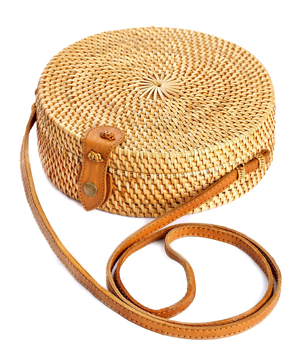 Novum Crafts Round Rattan Bag for Women - Handmade Straw Bags - Wicker Purse - Brown White Circle Crossbody Boho Bags