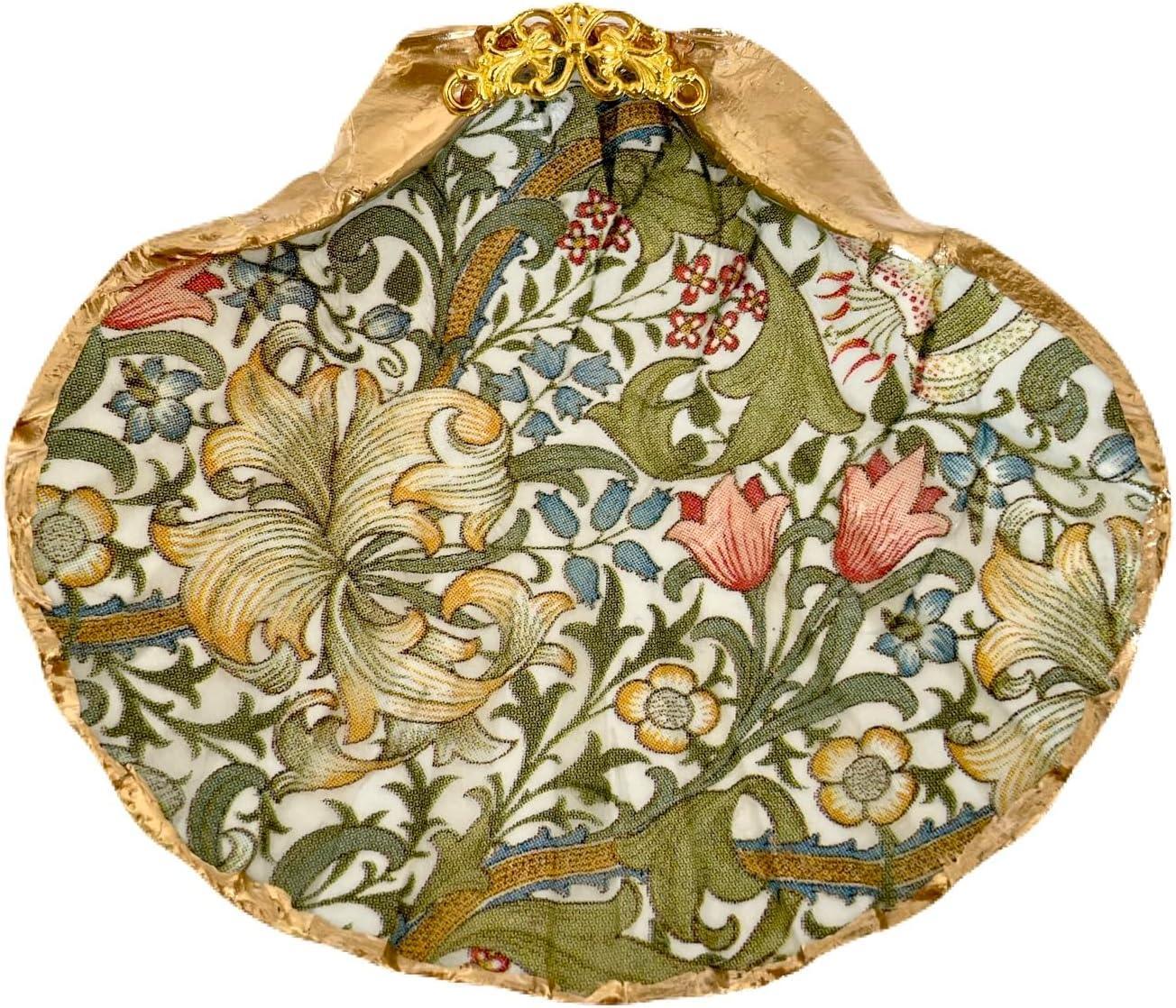 William Morris Natural Shell Jewelry Tray Gifts for Women, Handmade Ring Dish Room Decor Candle Holder for Mom Birthday/Wedding Gift Valentines Mothers Day Best Mom Graduation Gift (Golden Lily) - Handmade Lifestyle Shop