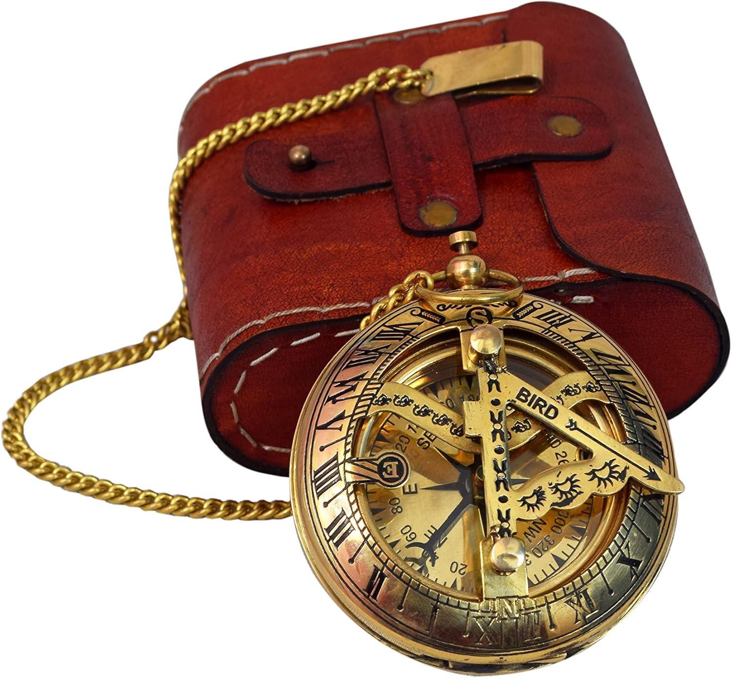 Handcrafted Vintage Brass Sundial Compass – Antique Nautical Sun Clock with Leather Case – Engraved Collectible Brass Compass Gift for Men - Nautical Gifts for Men, Best Anniversary Vintage Gifts - Handmade Lifestyle Shop