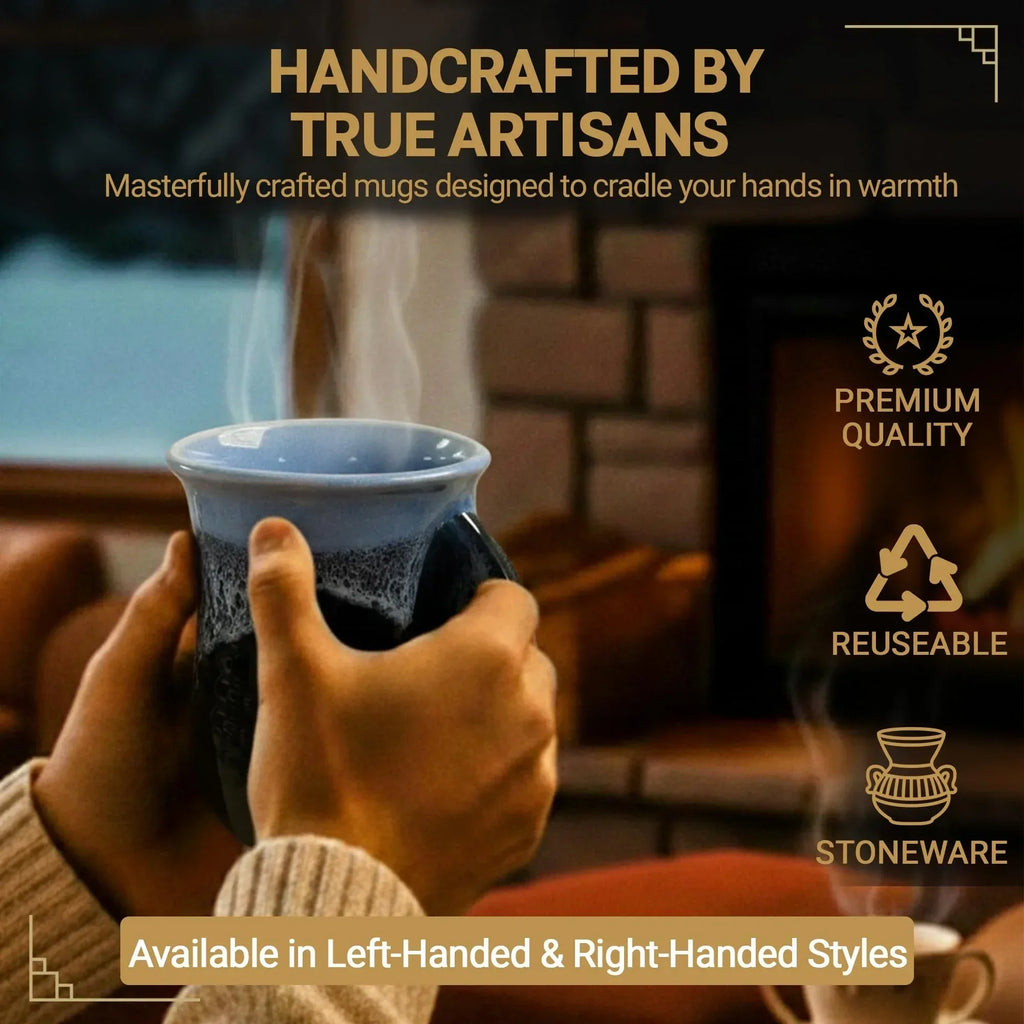 Clay in Motion Hand Warmer Coffee Mug – Handmade Coffee Mug With Comfortable Handle Contoured Pocket Hand Warming Ceramic Coffee Mug – Proudly Made in USA – Right Handed – 14 Oz - Island Oasis - Handmade Lifestyle Shop