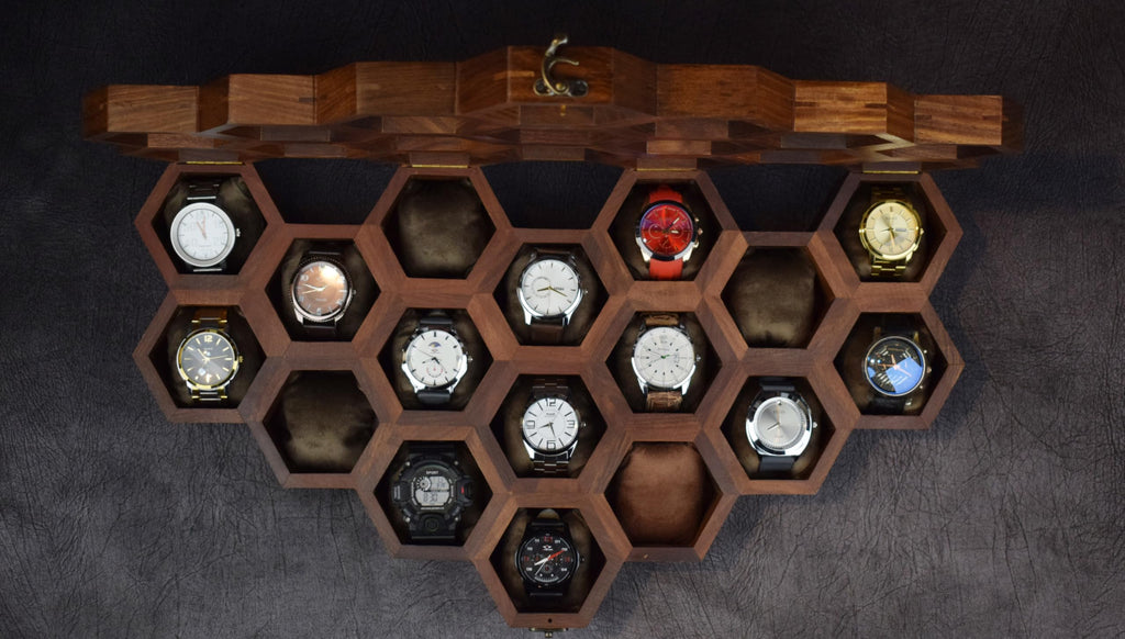 Premium 7-Slot Wooden Timepiece Display Case – Handcrafted Honeycomb Watch Box for Men in Superior Indian Rosewood | Hinged Glass Cover – Father’s Day Gift – Luxury Built to Last