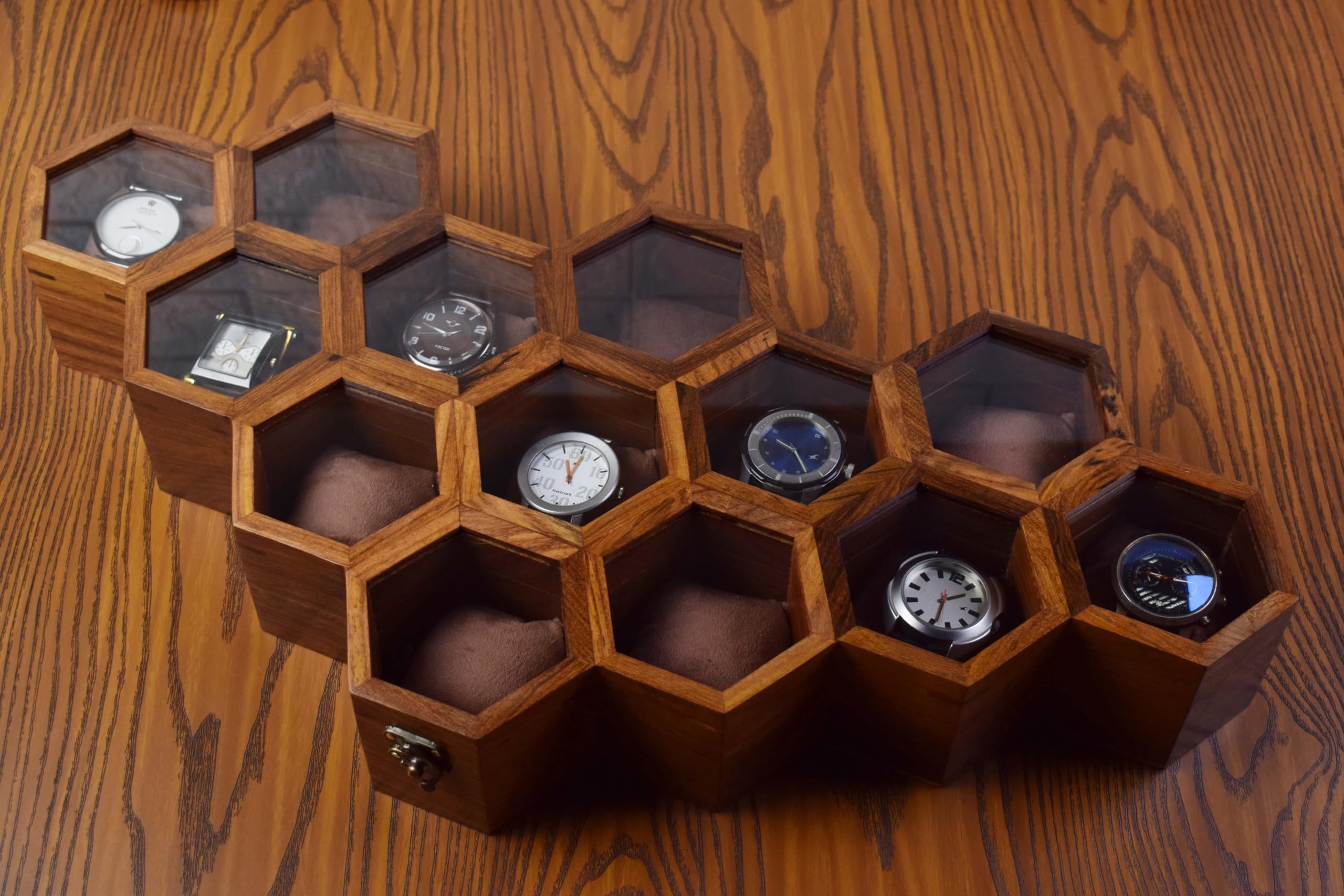 Premium 7-Slot Wooden Timepiece Display Case – Handcrafted Honeycomb Watch Box for Men in Superior Indian Rosewood | Hinged Glass Cover – Father’s Day Gift – Luxury Built to Last