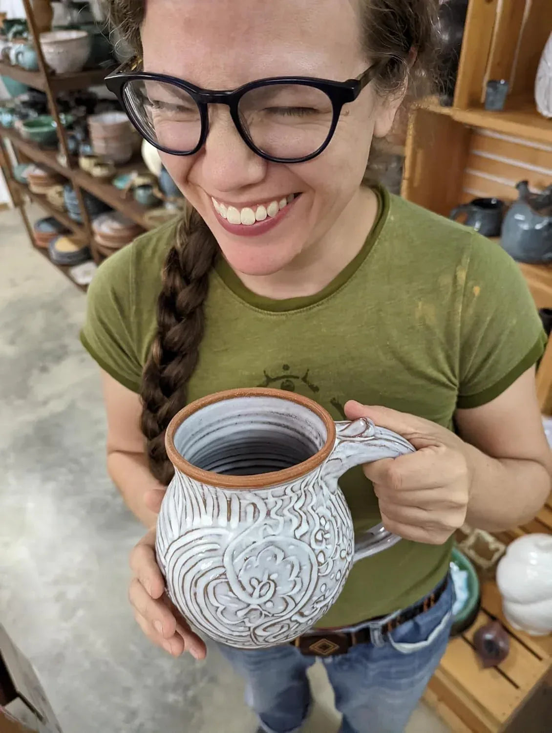 Huge Hand Thrown Pottery Mug Carved in Rooted Shale Handmade in Burnsville North Carolina - Handmade Lifestyle Shop