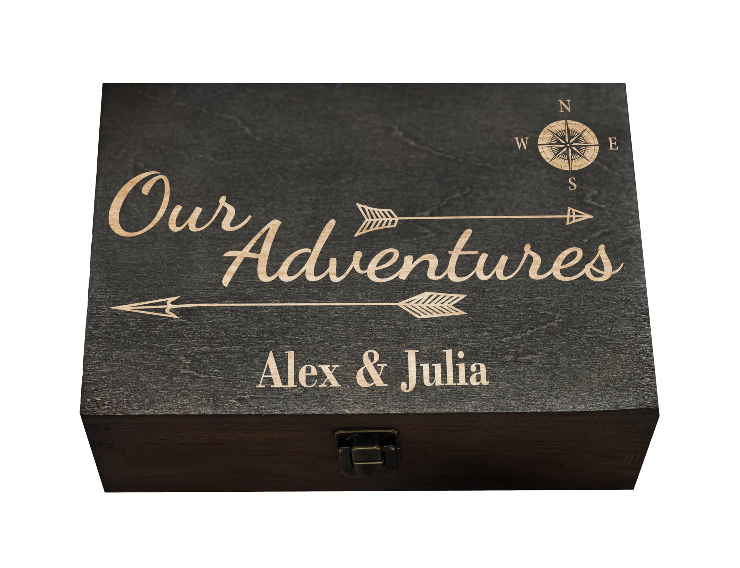 Dark Walnut Wooden Keepsake Box Our Adventures - 8.5x6x3in, Ideal for 5th Anniversary, Elegant Memory Box for Couples, Travel-Themed Storage