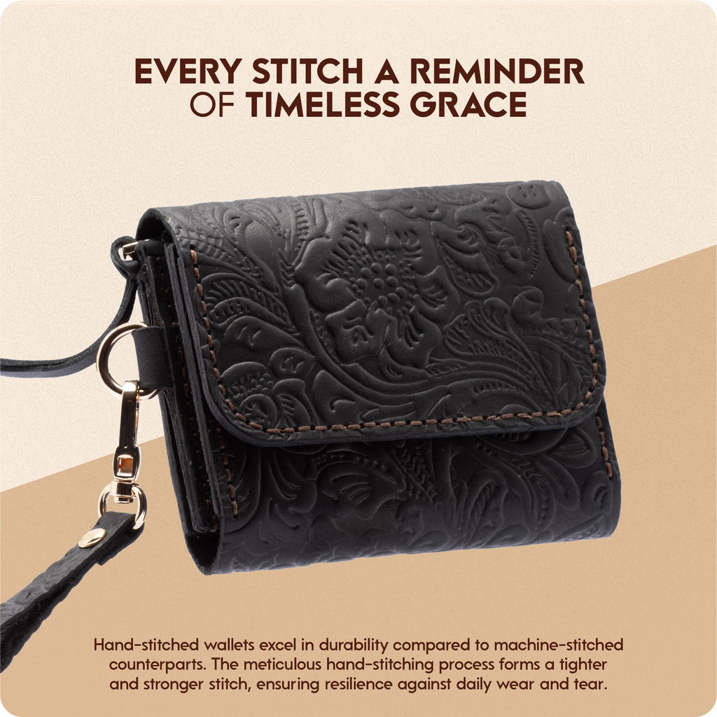 Toros Craft Handmade Wristlet Wallets for Women, Western Floral Leather Small Credit Card Holder with Zipper, Minimalist & Cute Coin Pouch, Genuine Leather, Dark Brown