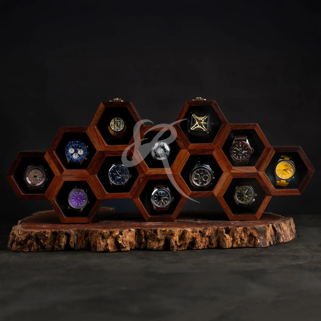 Premium 7-Slot Wooden Timepiece Display Case – Handcrafted Honeycomb Watch Box for Men in Superior Indian Rosewood | Hinged Glass Cover – Father’s Day Gift – Luxury Built to Last - Handmade Lifestyle Shop