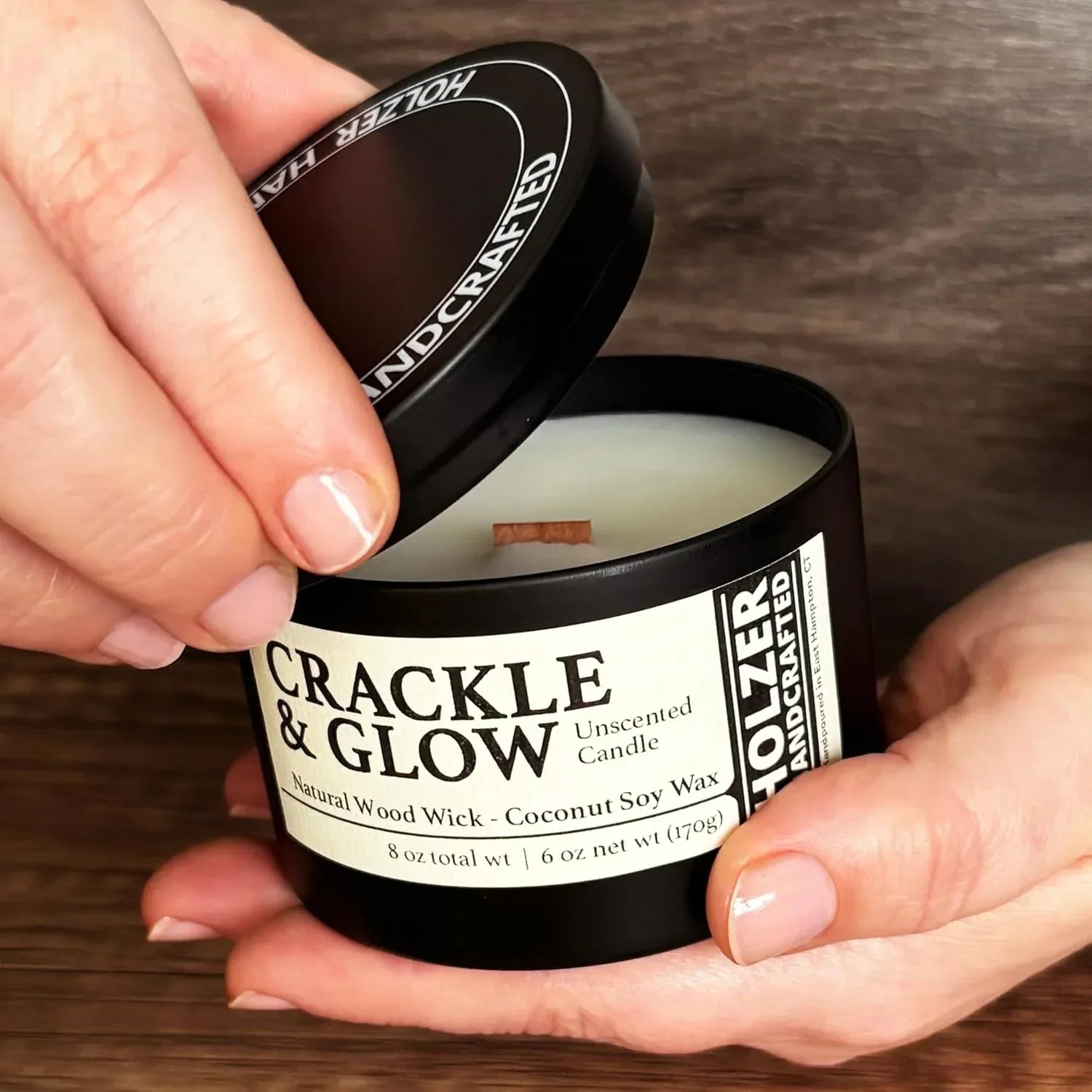 Unscented Candle Wood Wick | Fragrance-Free | Coconut Soy Candles in Black Tin | Clean Burn, Subtle Crackling Wooden Wick | Handpoured in USA by Holzer Handcrafted | 45 Hour Burn Time, 1 Candle - Handmade Lifestyle Shop